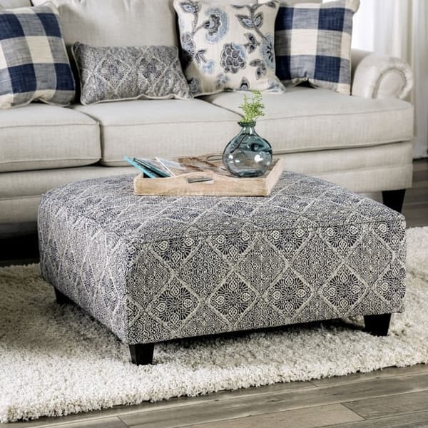 Cocktail Ottoman Square Grey and Cream Trellis Pattern Transitional