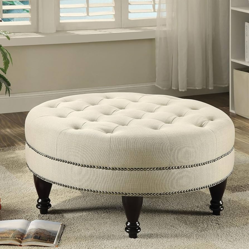 Cocktail Ottoman Square Oatmeal Fabric Nailhead Trim Oversized transitional