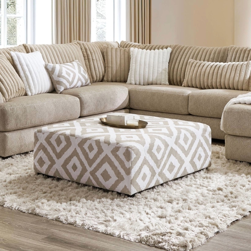 Cocktail Ottoman Square Silhouette, Oversized Cream Chenille Seating