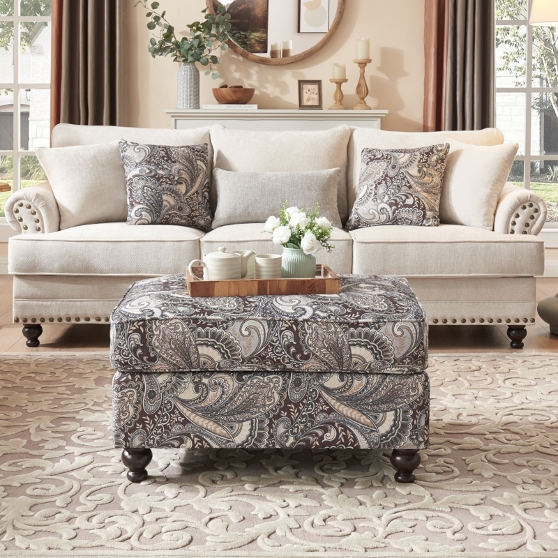 Cocktail Ottoman Traditional Paisley Print Turned Legs Casters