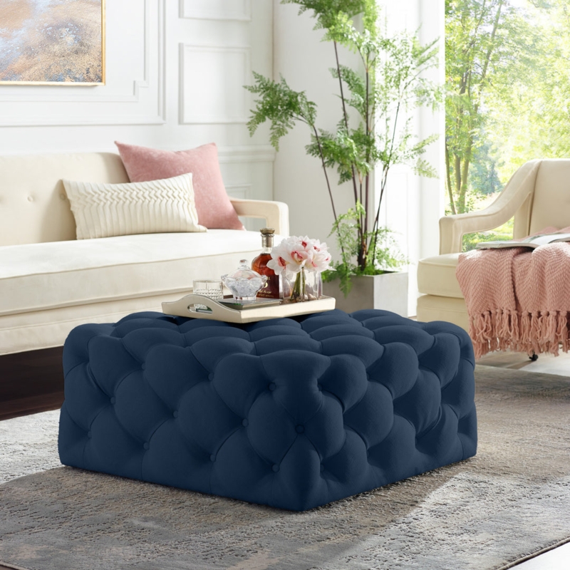Cocktail Ottoman with Caster Wheels, Square Tufted Light Blue Fabric
