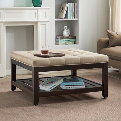 Cocktail Ottoman with Removable Tray, Button Tufting, Tan Transitional