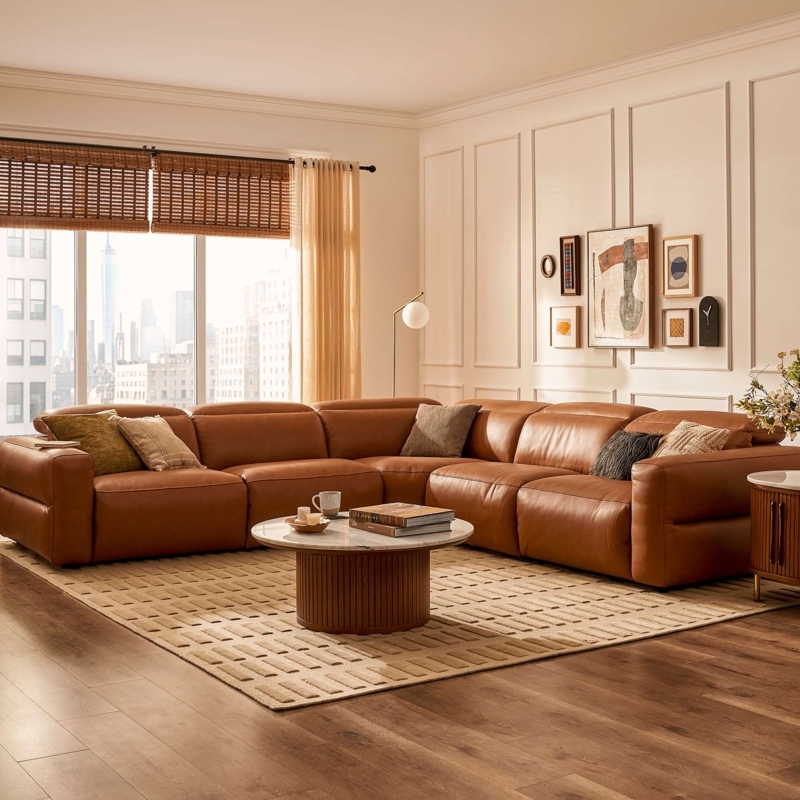 Cocoa Brown Sectional Sofa with Integrated Recliner and Slim Track Arms
