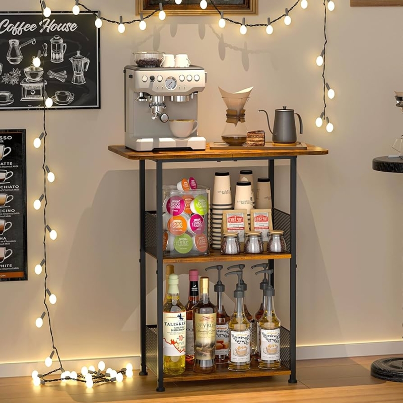 Coffee Bar Shelf Compact Three Tier Industrial Farmhouse Style