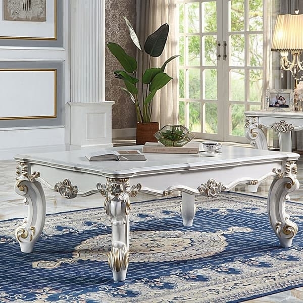 Coffee Table Antique Pearl Finish Claw Legs Ornate Rococo Carvings Marble