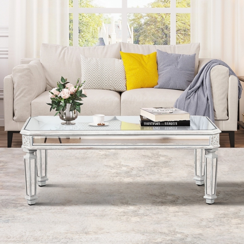 Coffee Table Antique Silver Carved Mirrored Apron Inset Glass Top