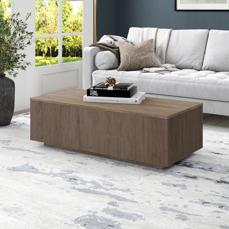 Coffee Table Antiqued Gray Oak Triple-Block Base Chunky Silhouette
