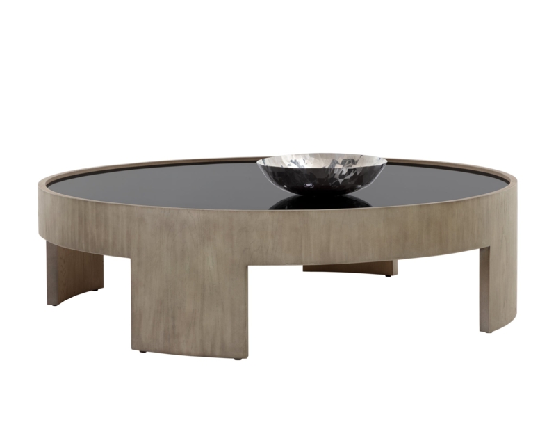 Coffee Table, Ash Grey Monolithic, Drum Base, Round Silhouette, Modern