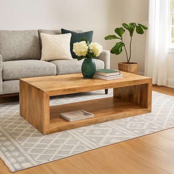 Coffee Table Asymmetrical Open Cube Thick Slab Rustic Modern Storage