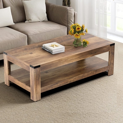 Coffee Table Black Metal X-Frame Dark Wood Two-Tier Industrial