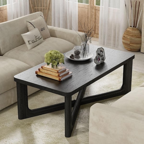 Coffee Table Black Wood Finish Rounded Corners Lower Shelf Minimalist