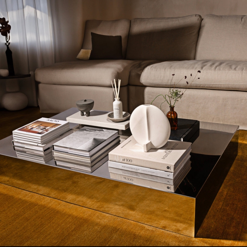 Coffee Table Block Silhouette Brushed Stainless Steel Minimalist