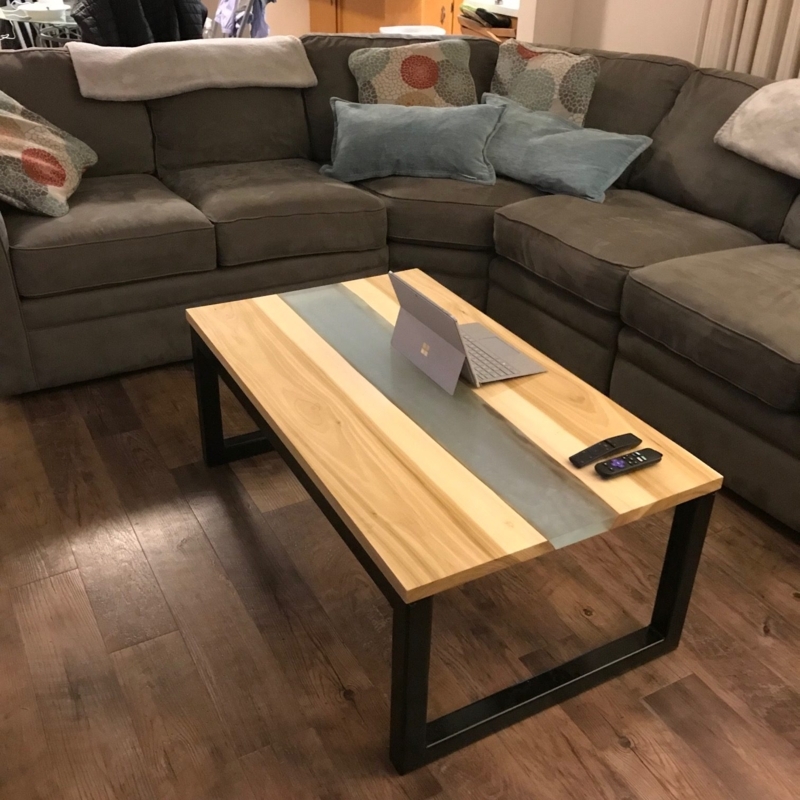 Coffee Table Blue Epoxy River Live Edge Hairpin Legs Glossy Finish