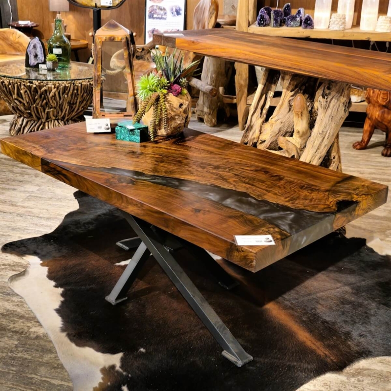 Coffee Table Blue Resin River Inlay Live Edge Hairpin Legs Artistic