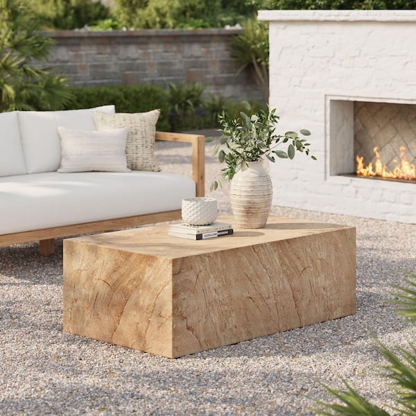 Coffee Table, Brutalist Plinth Base, Thick Rectangular Stone Slab.