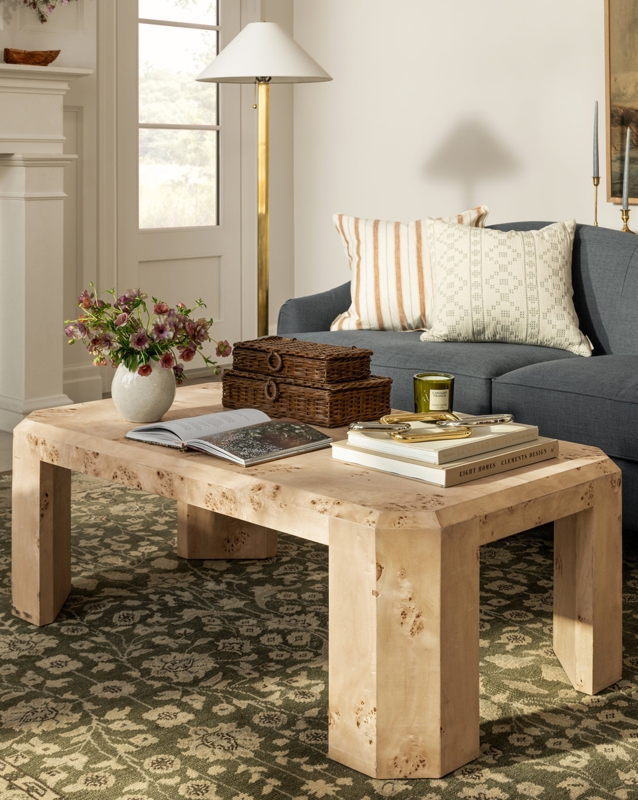 Coffee Table Burl Grain, Low Profile Plinth Base, Transitional Design