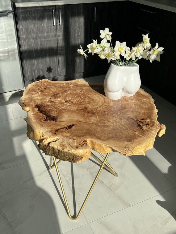 Coffee Table Burl Wood Top Live Edge Hairpin Legs Rustic Industrial