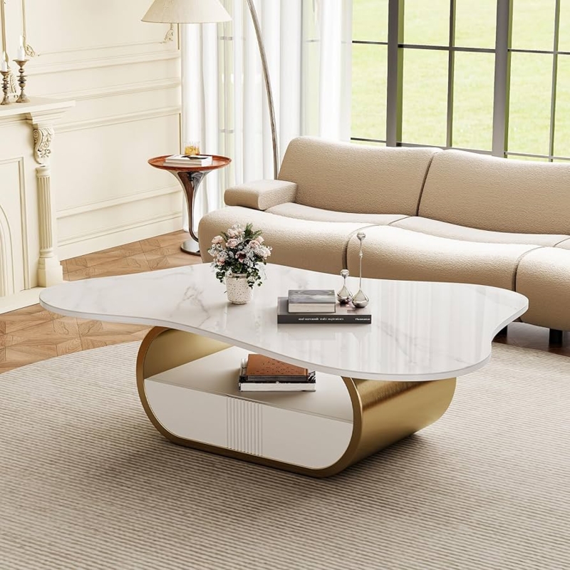 Coffee Table Butterfly Base Gold Sintered Stone Top Storage Drawer
