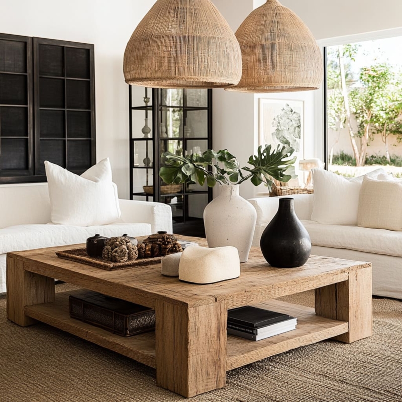 Coffee Table Chunky Legs, Round Top, Radial Grain, Organic Style
