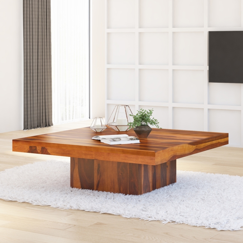 Coffee Table Chunky Wood Square Pedestal Living Room Focal Point