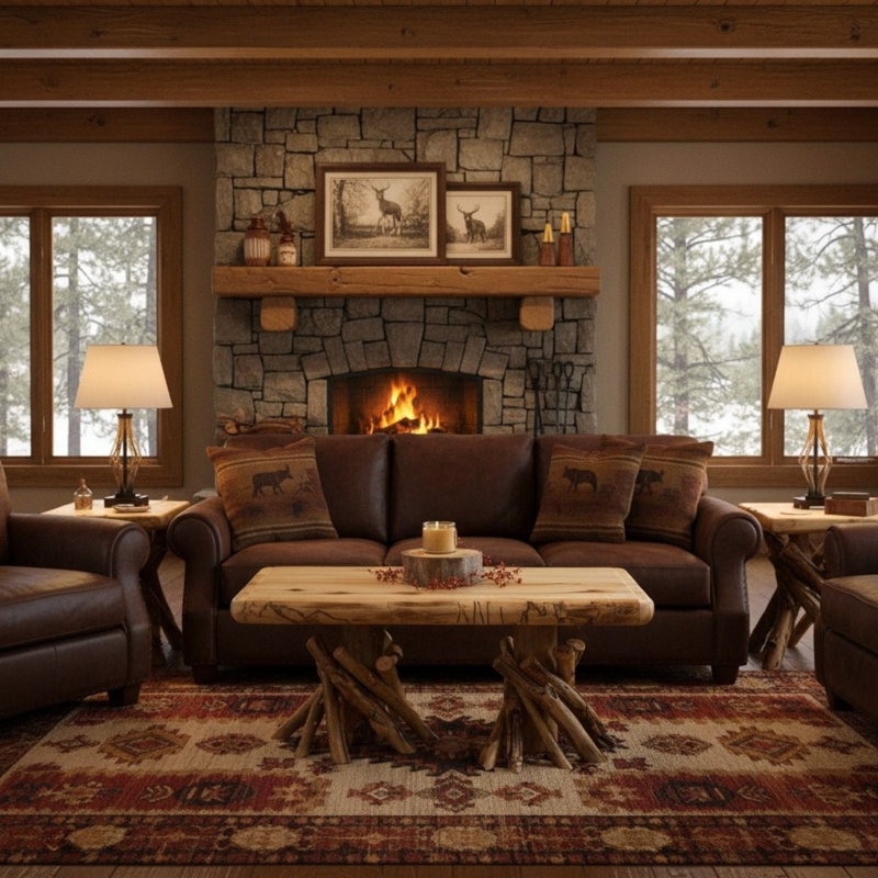 Coffee Table crafted from Natural Aspen Logs with Visible Bark Texture