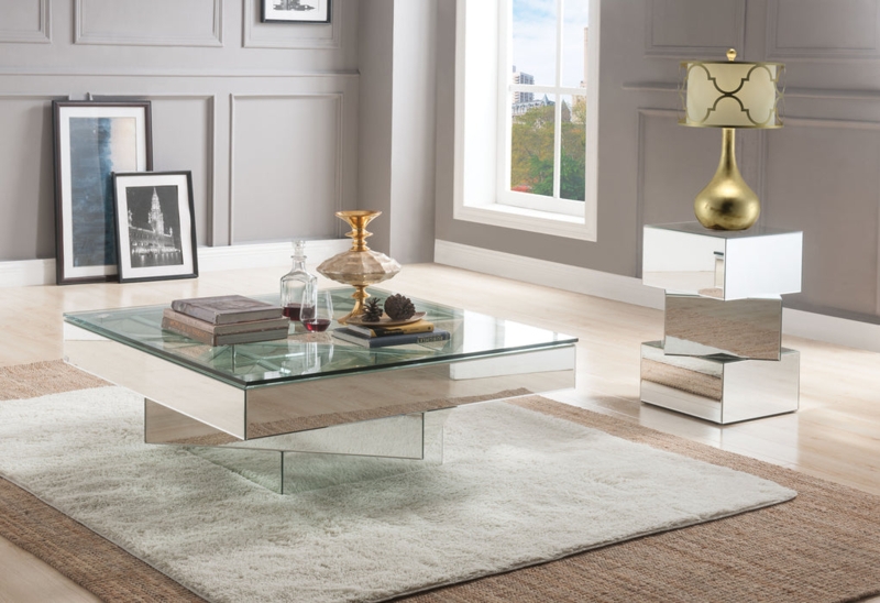 Coffee Table Crystal Inlay Mirrored Rectangular Apron Block Legs