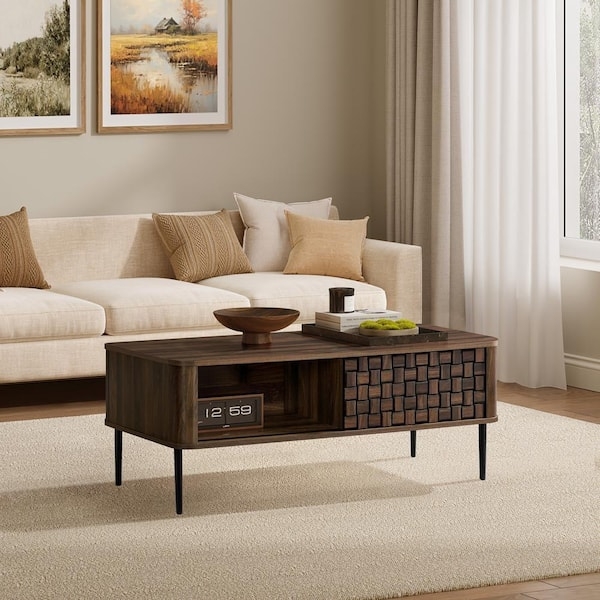 Coffee Table Dark Oak Sliding Basket Weave Door Open Shelving