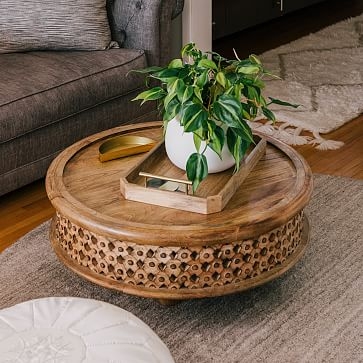 Coffee Table Drum Vertical Ribbing Raw Wood Texture Boho Organic