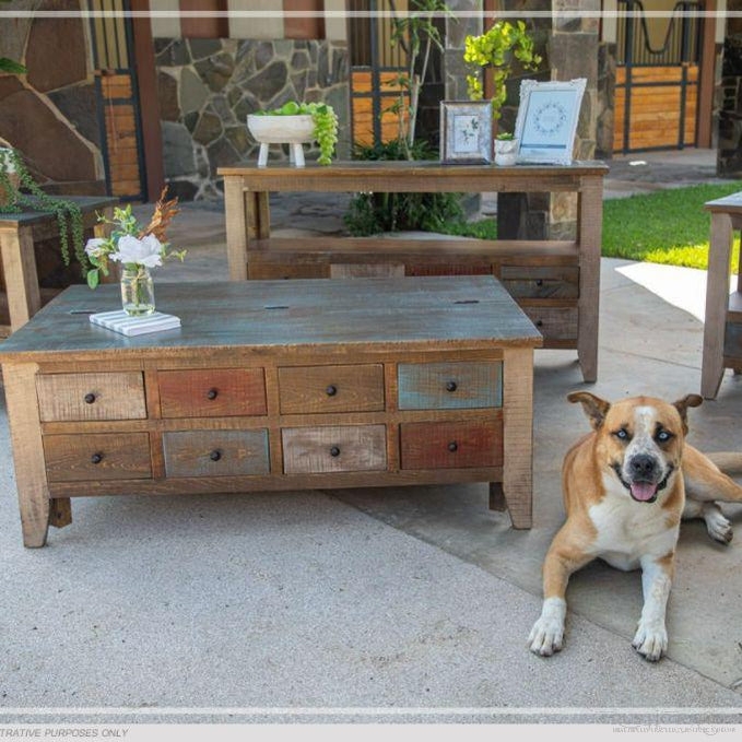 Coffee Table Eight Drawer Storage Rustic Multi Colored Antique Bun Feet