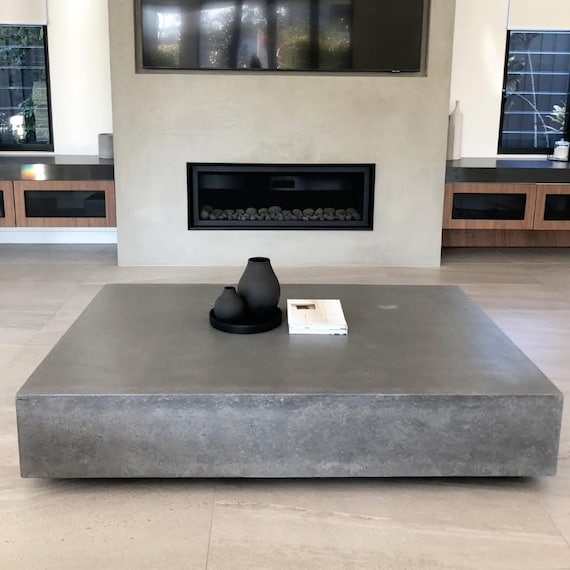 Coffee Table, Exposed Aggregate Concrete Top, Light Hardwood Base.