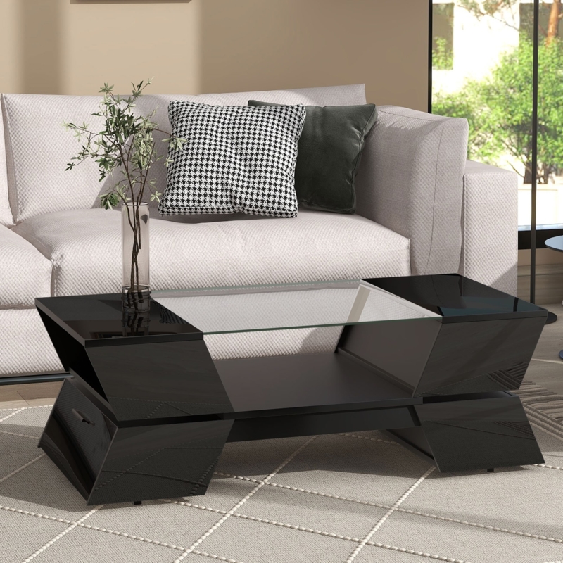 Coffee Table featuring Geometric Side Panels. Black metal frame coffee table.