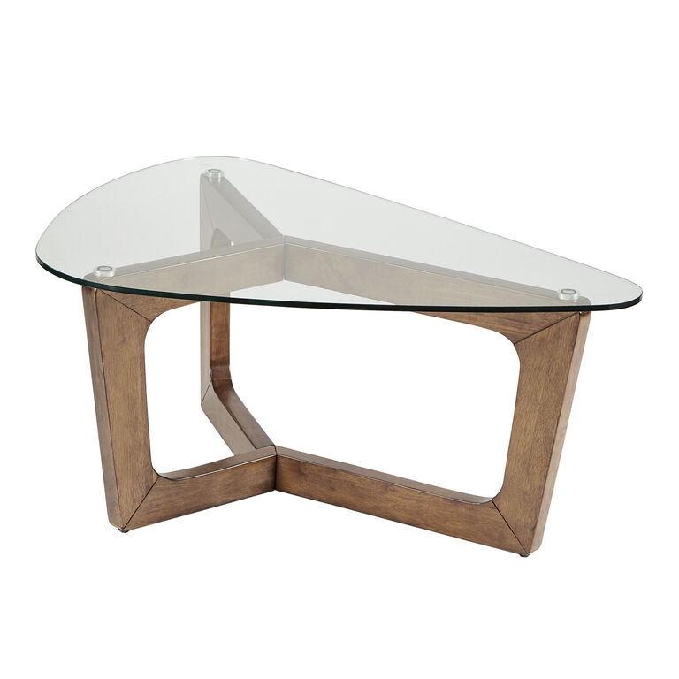 Coffee Table Featuring Interlocking Wood Base and Triangular Glass Top