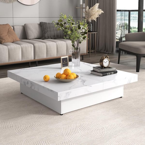 Coffee Table Four Panel Top Marble Pattern Square Low Profile Modern