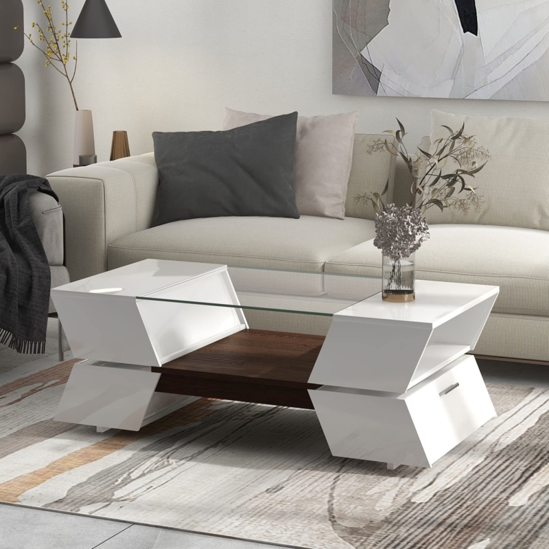 Coffee Table: Geometric Tiered Design. White geometric cocktail table storage.