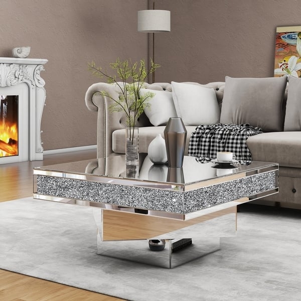 Coffee Table Glam Mirrored Triple Drum Crushed Crystal Inlay