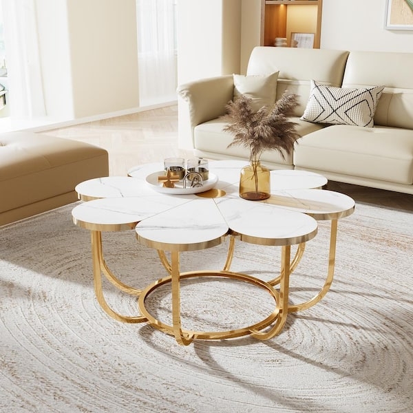 Coffee Table Glam White Flower Shaped Top Gold Geometric Base