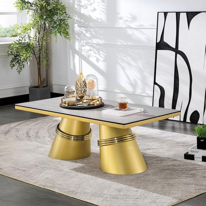 Coffee Table Glass Top Rectangular with Brushed Gold X-Base Frame