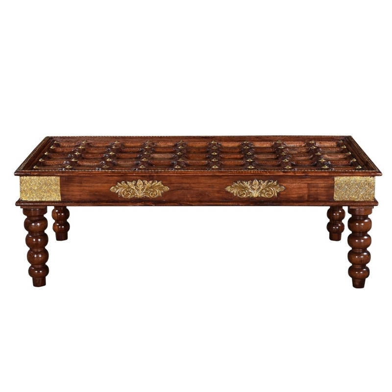 Coffee Table Global Inspired Carved Wood Brass Tile Inlay Rustic