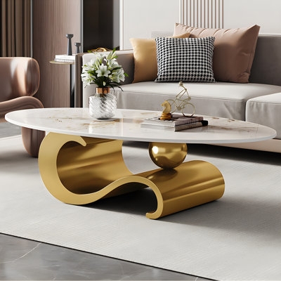 Coffee Table, Gold Musical Note Base, Oval Silhouette, Marbled White Top