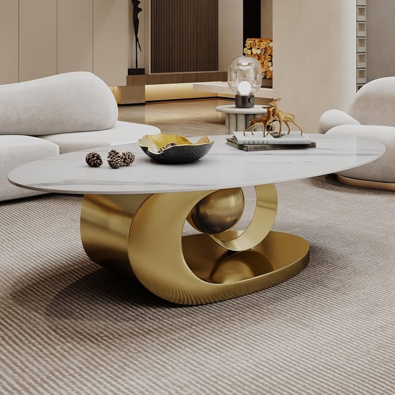 Coffee Table Gold Slatted Pedestal Oval Rock Slab Top Glam Style