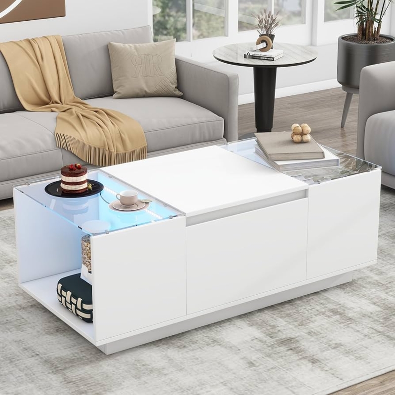 Coffee Table: High-Gloss White with Storage. Glossy white storage coffee table.