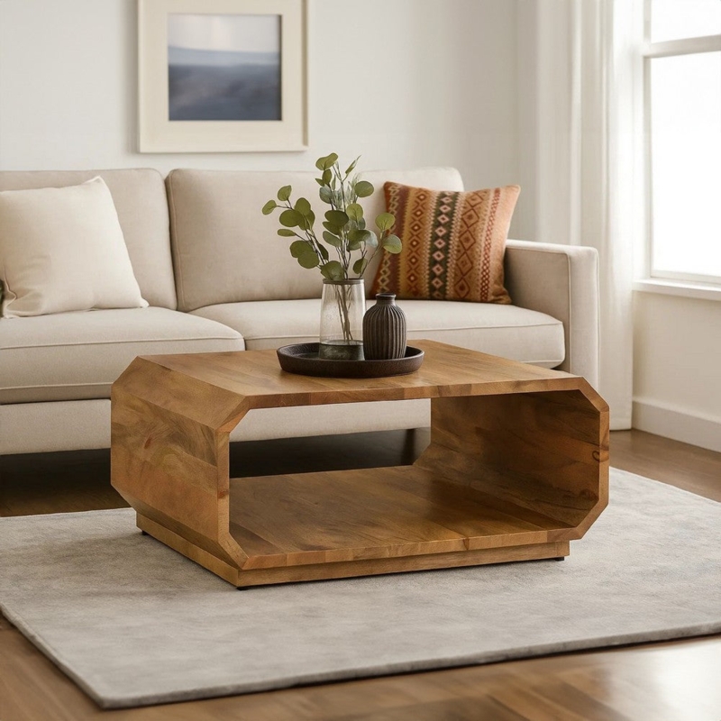 Coffee Table Hollow Cube Shape Handcrafted Geometric Wood Natural