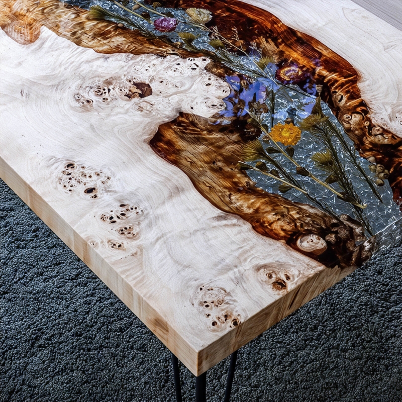 Coffee Table Ice Crack Resin Embedded Flowers Live Edge Sled Base
