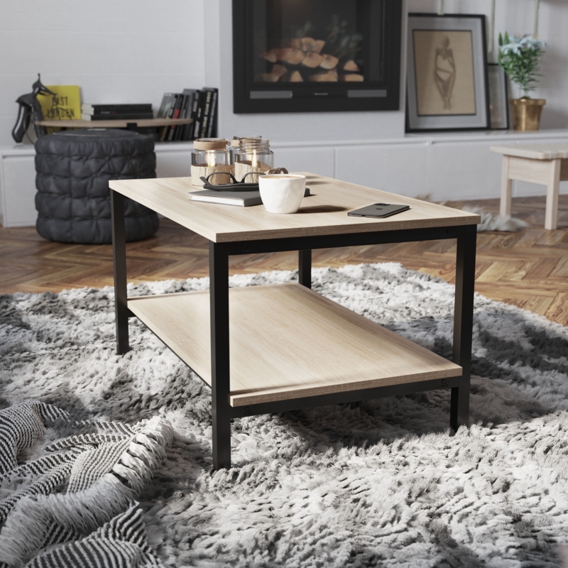 Coffee Table Industrial Driftwood Finish Black Steel Frame Storage