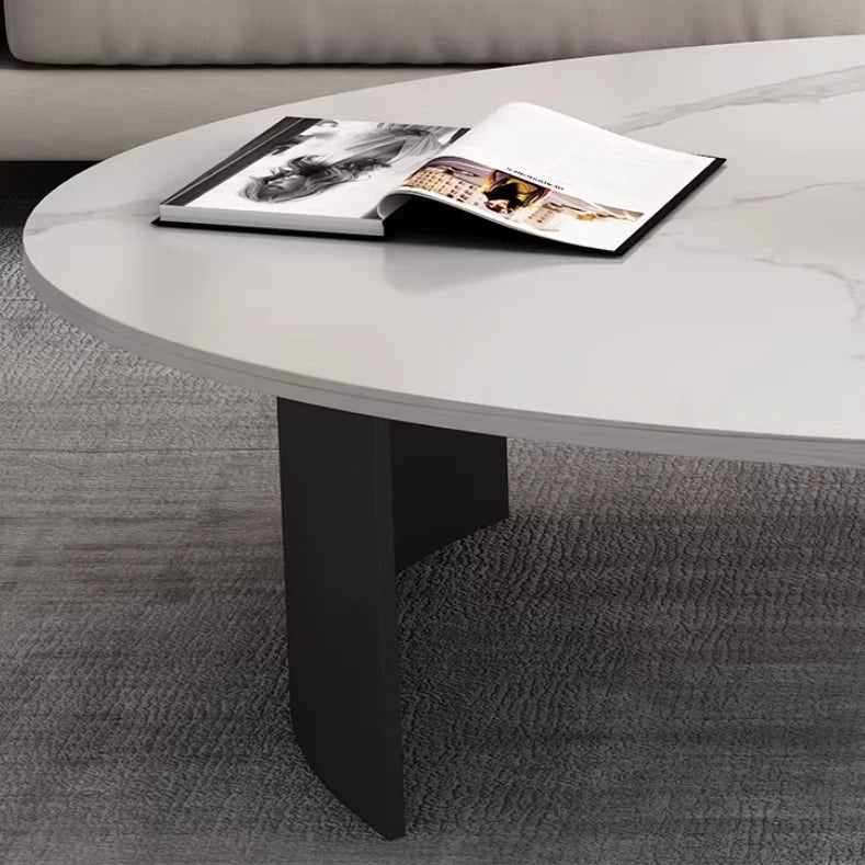 Coffee Table Industrial Iron Base Oval Stone Top Slim Legs Minimalist