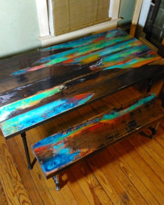 Coffee Table Industrial Pipe Legs Multi Colored Wood Top Whimsical Boho