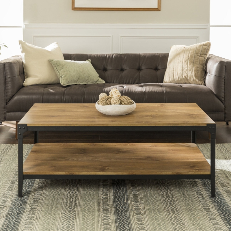 Coffee Table Industrial Wood Two Tier Black Angle Iron Frame Shelf