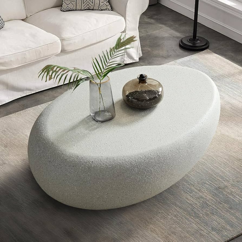 Coffee Table, Irregular Organic Shape, Matte Beige Stone-Like Finish.