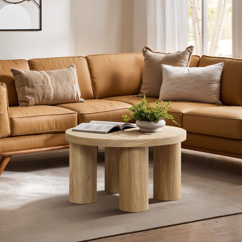 Coffee Table Japandi Minimalist Round Matte Wood Pillar Legs