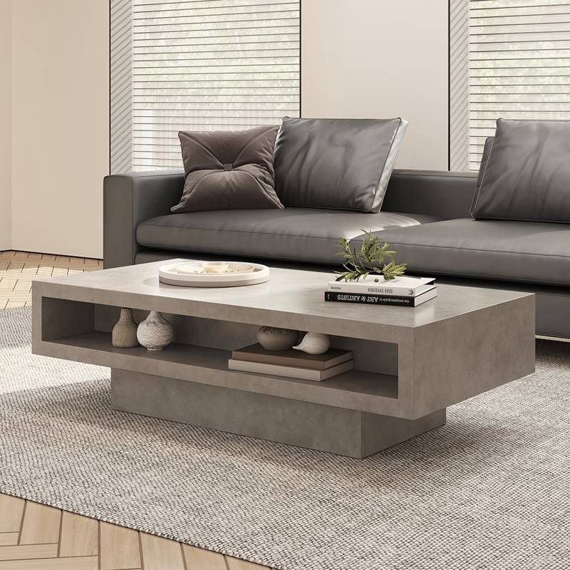 Coffee Table Japandi Style Concrete Look Slatted Front Storage